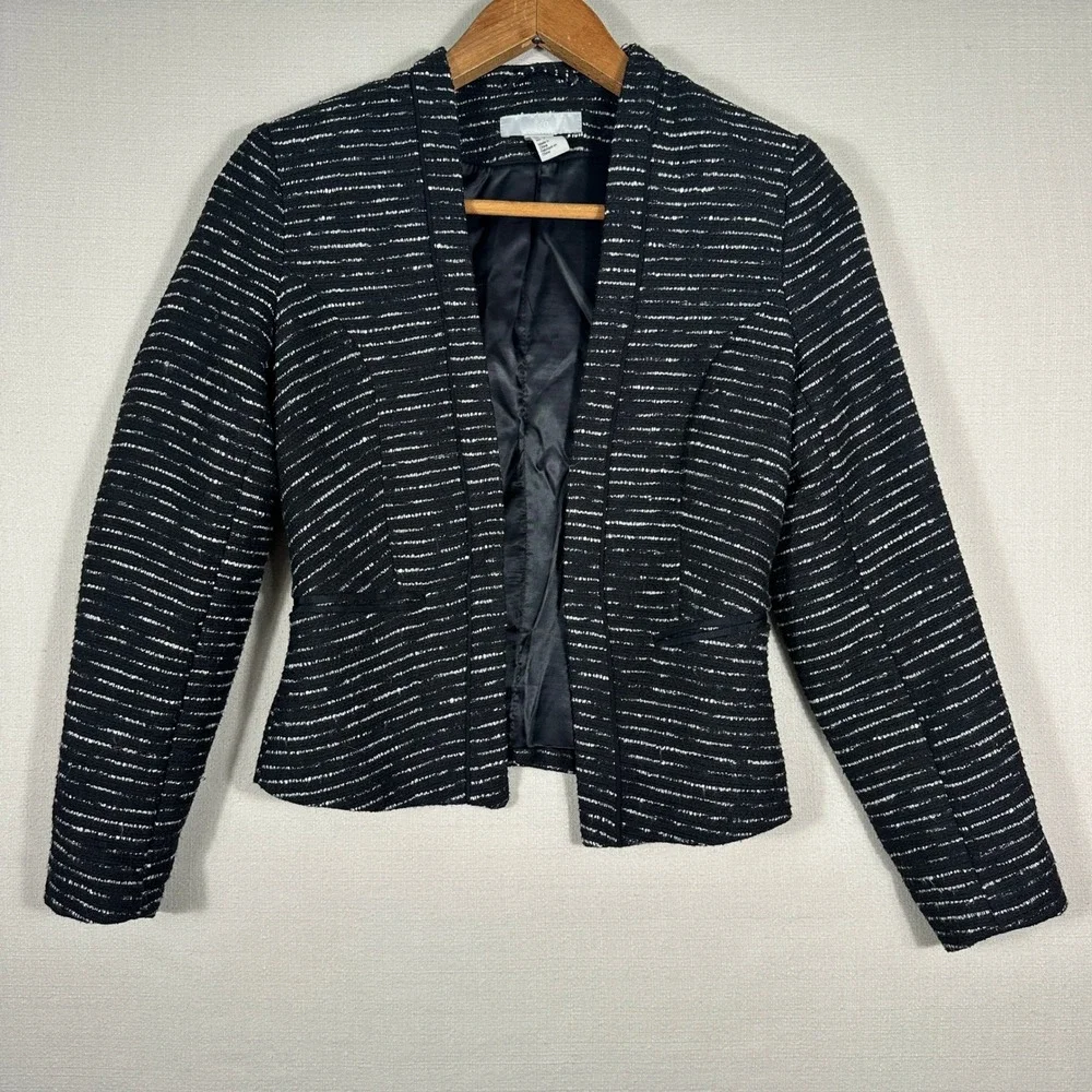 H&M Open Front Blazer Womens Size 2 Black White Excellent Striped Tweed Jacket